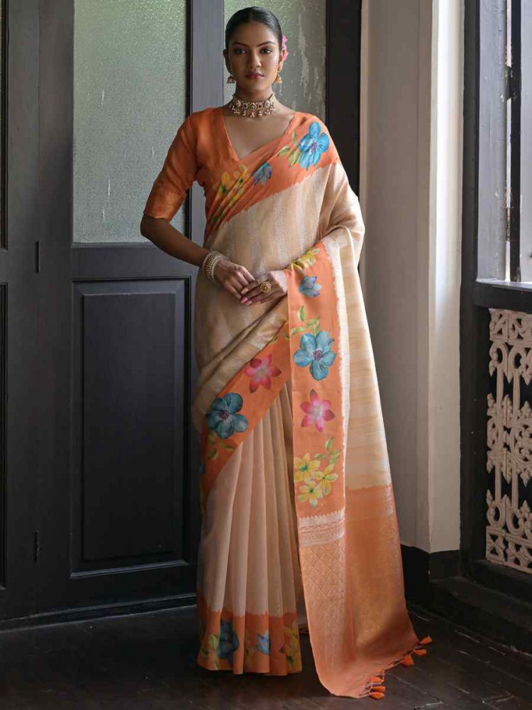 Orange Banarasi Silk Printed Festival Casual Contemporary Saree