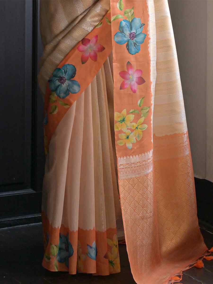 Orange Banarasi Silk Printed Festival Casual Contemporary Saree