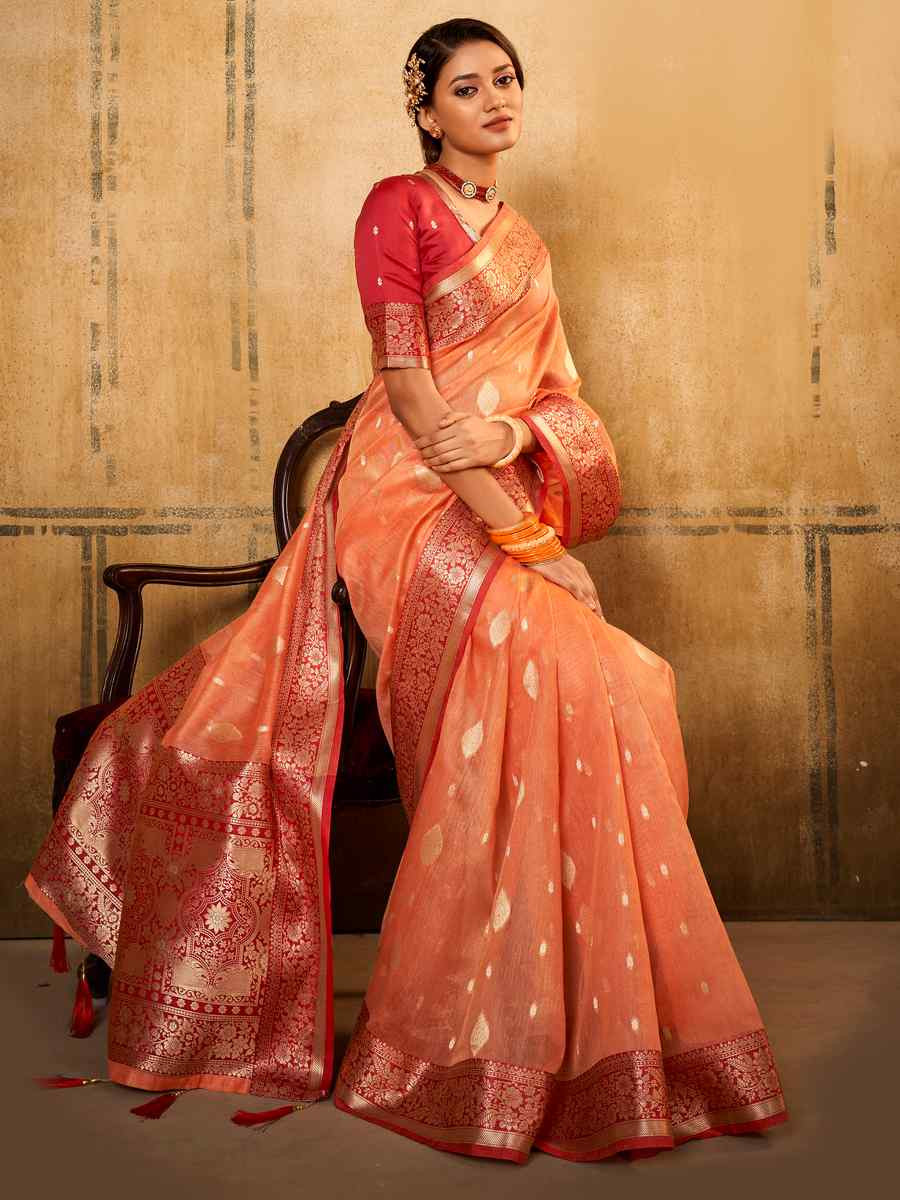 Orange Banarasi Slik Handwoven Festival Wedding Heavy Border Saree