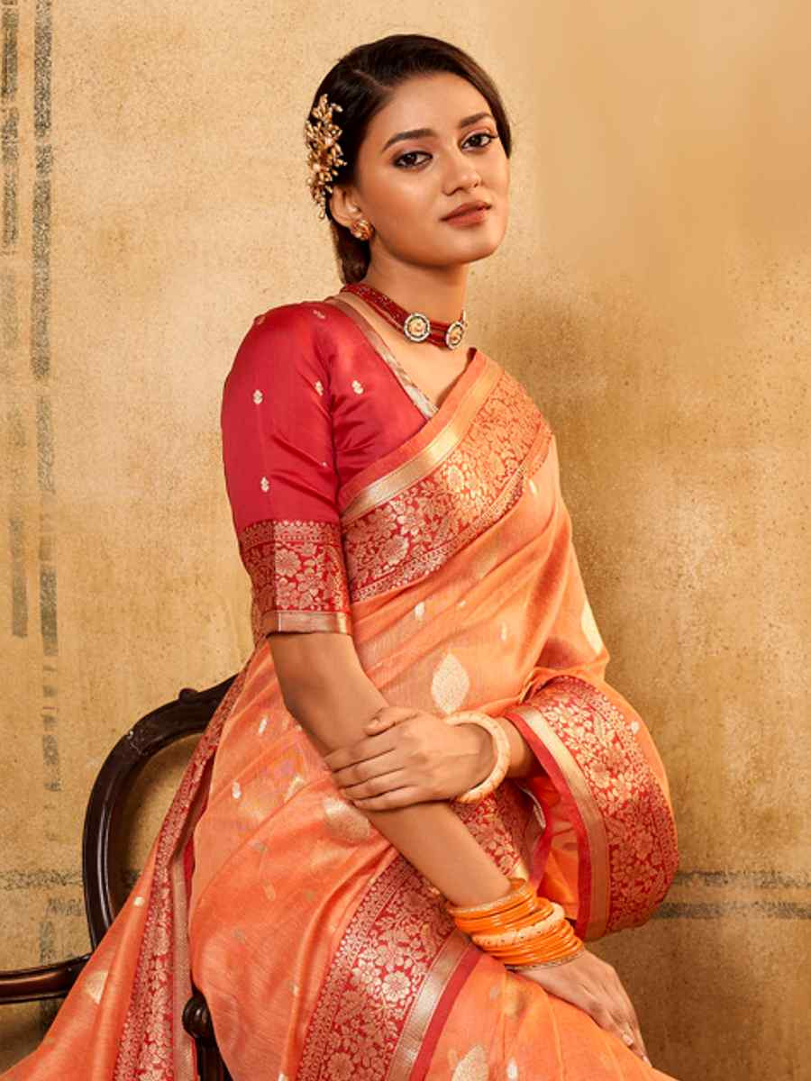 Orange Banarasi Slik Handwoven Festival Wedding Heavy Border Saree