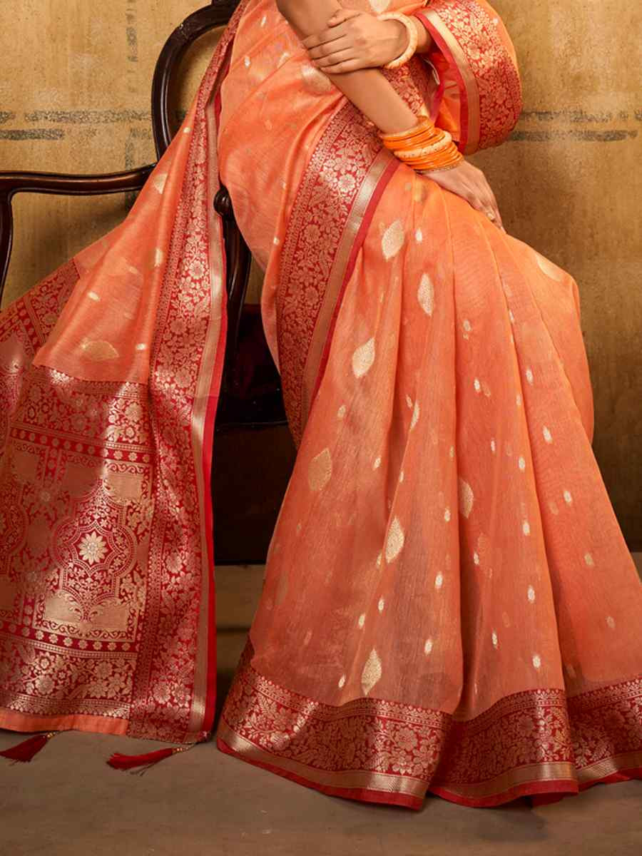 Orange Banarasi Slik Handwoven Festival Wedding Heavy Border Saree