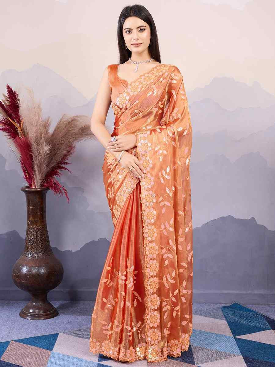 Orange Burberry Silk Handwoven Festival Wedding Heavy Border Saree