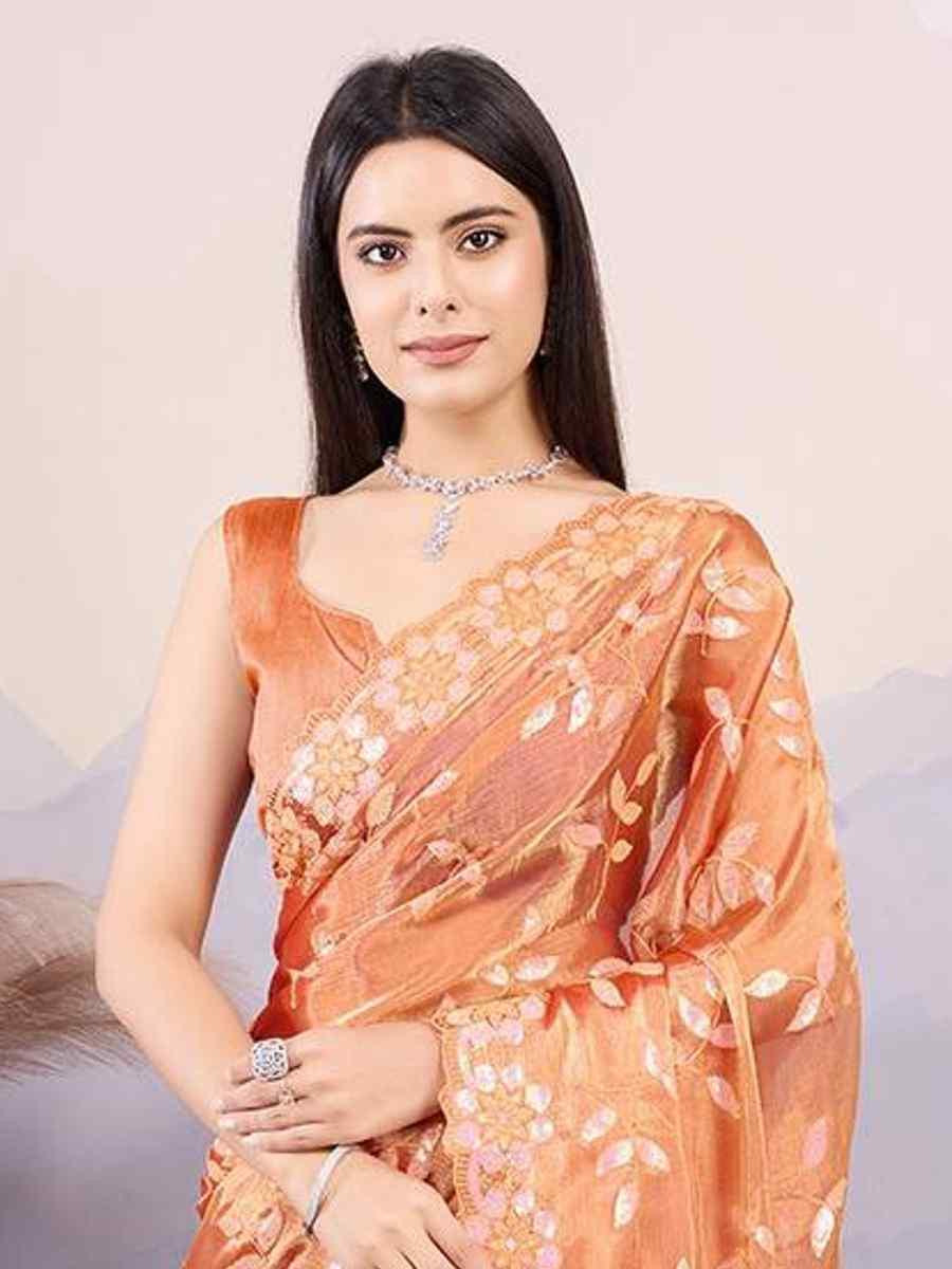 Orange Burberry Silk Handwoven Festival Wedding Heavy Border Saree