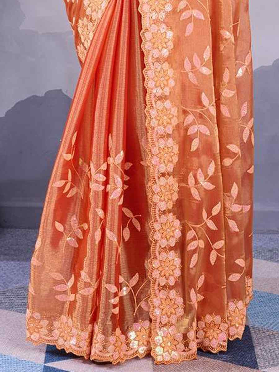 Orange Burberry Silk Handwoven Festival Wedding Heavy Border Saree