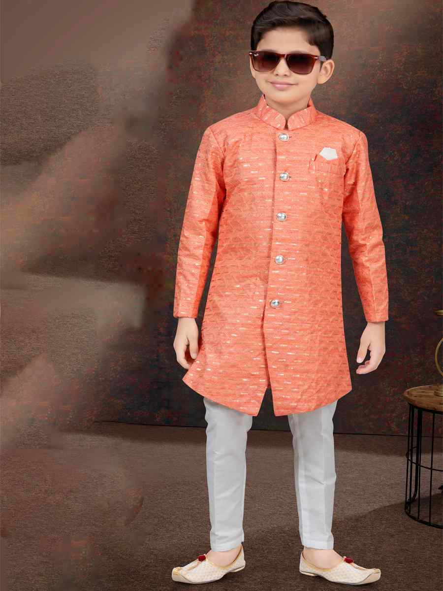 Orange Champion Silk Embroidered Festival Wedding Kurta Pyjama Boys Wear