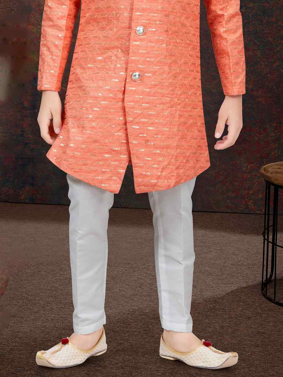 Orange Champion Silk Embroidered Festival Wedding Kurta Pyjama Boys Wear