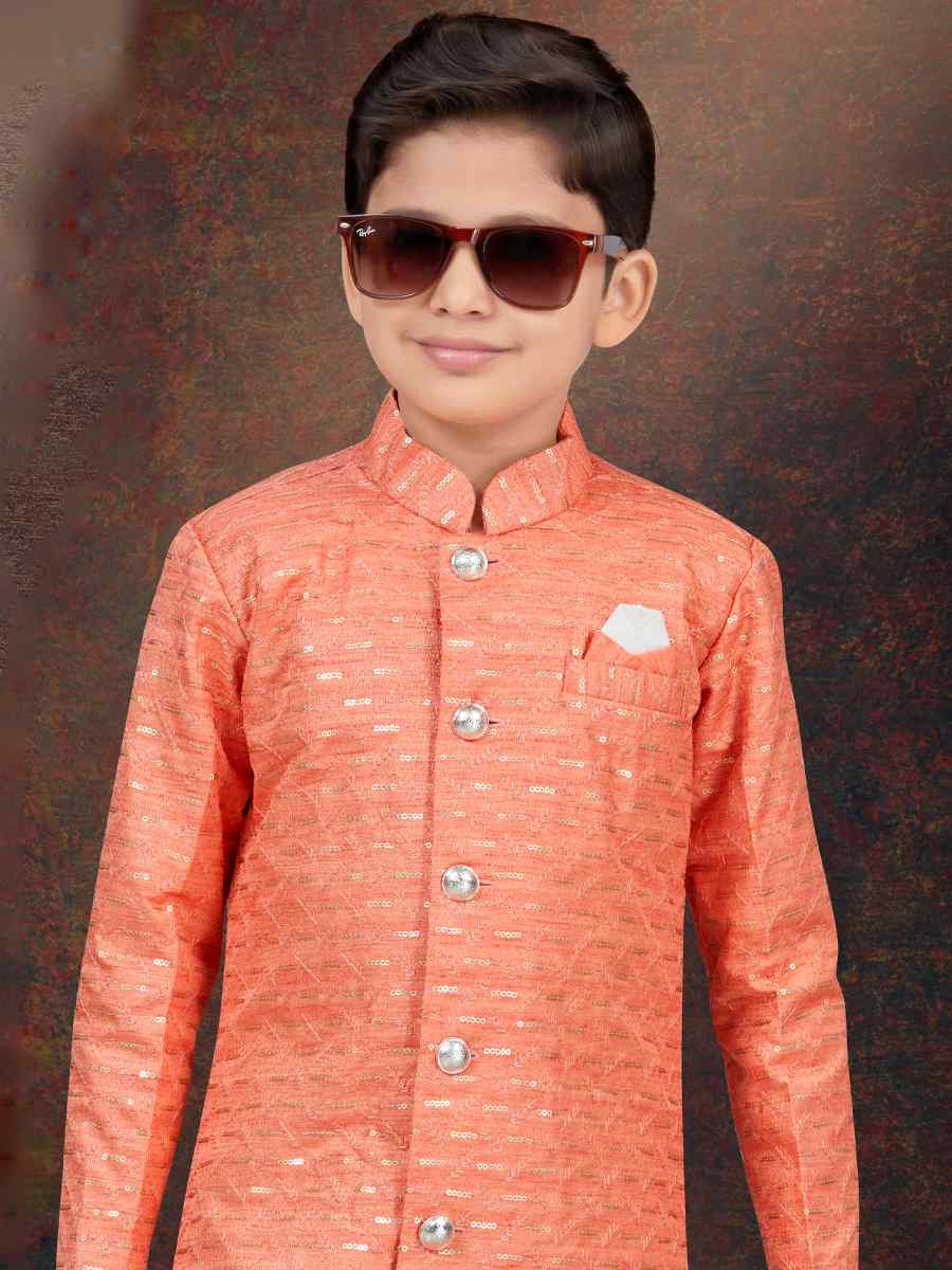 Orange Champion Silk Embroidered Festival Wedding Kurta Pyjama Boys Wear