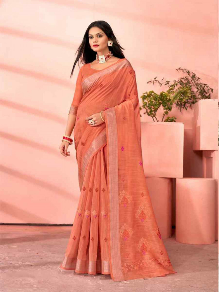 Orange Chanderi Cotton Handwoven Festival Casual Heavy Border Saree