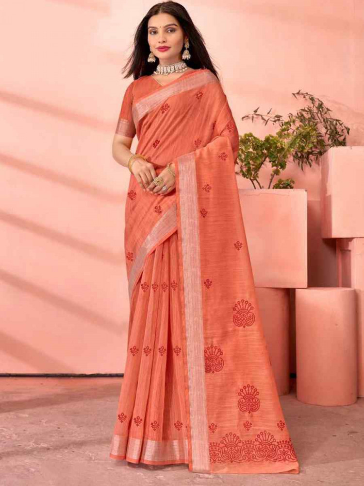 Orange Chanderi Cotton Handwoven Festival Casual Heavy Border Saree