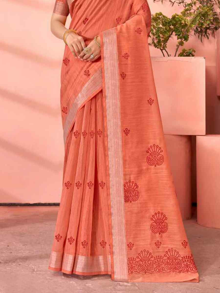 Orange Chanderi Cotton Handwoven Festival Casual Heavy Border Saree