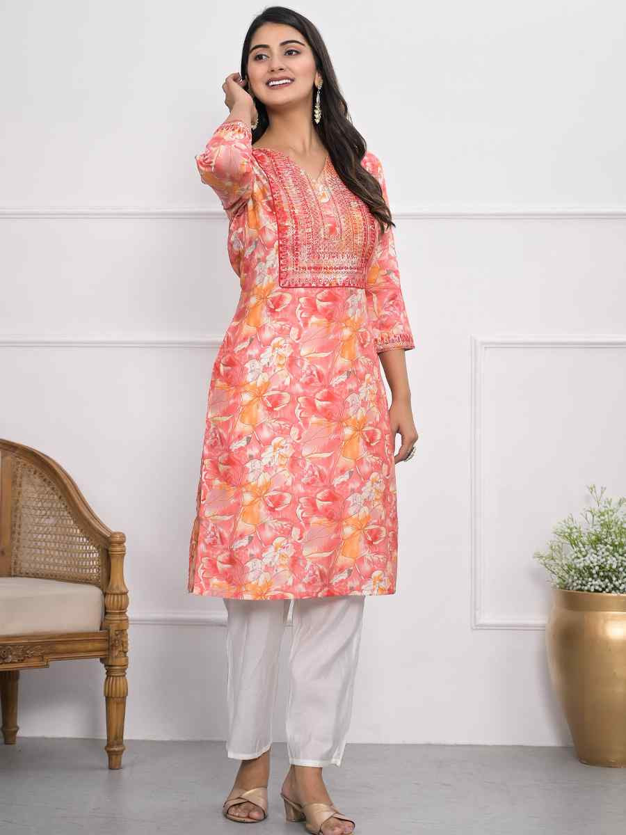 Orange Chanderi Printed Festival Casual Kurti