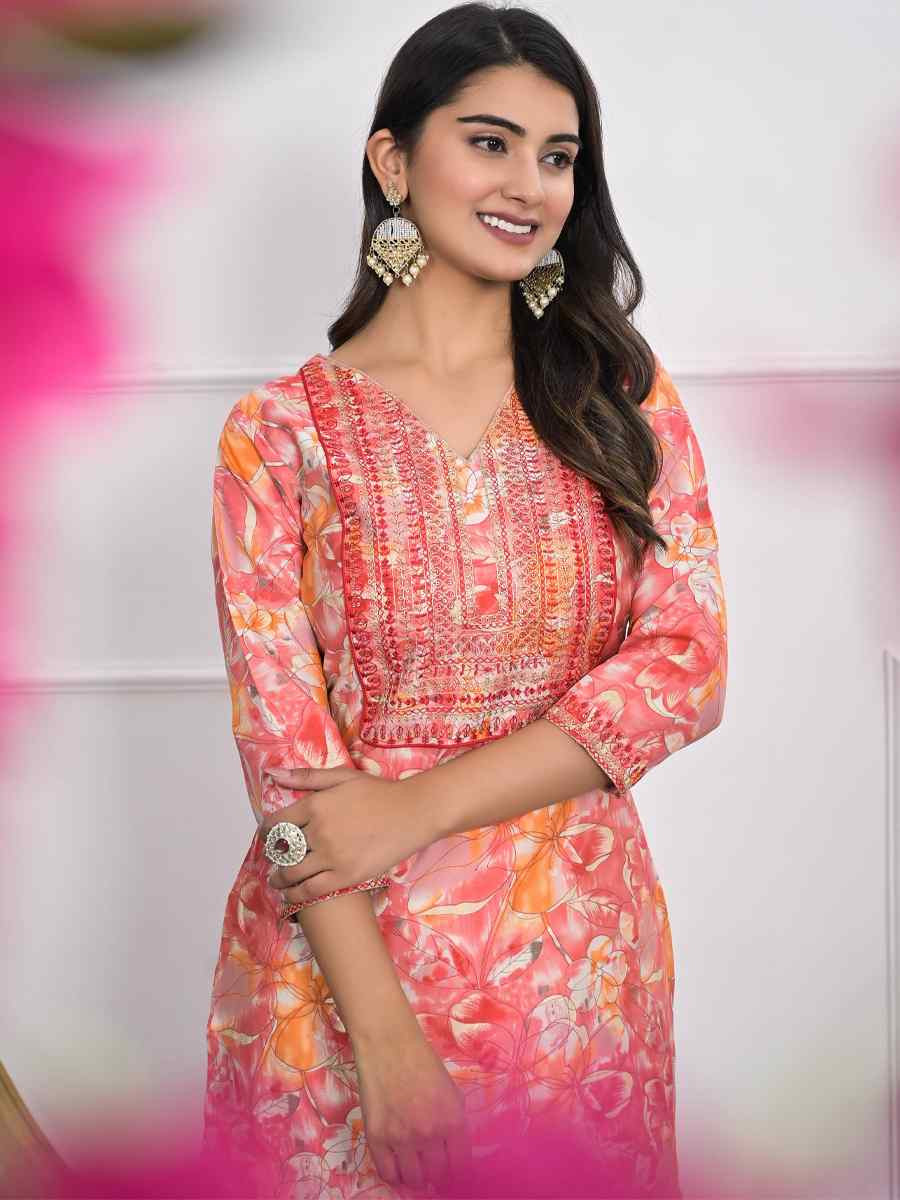 Orange Chanderi Printed Festival Casual Kurti