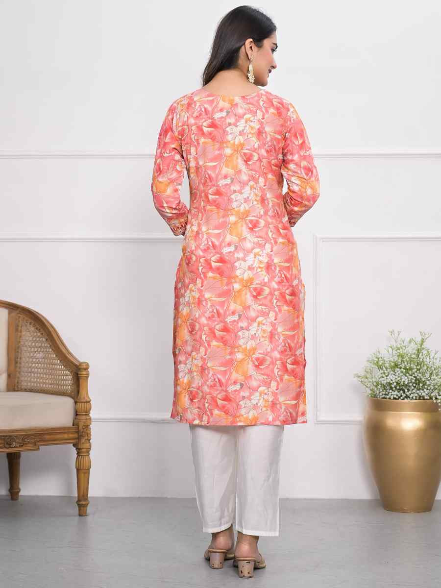 Orange Chanderi Printed Festival Casual Kurti