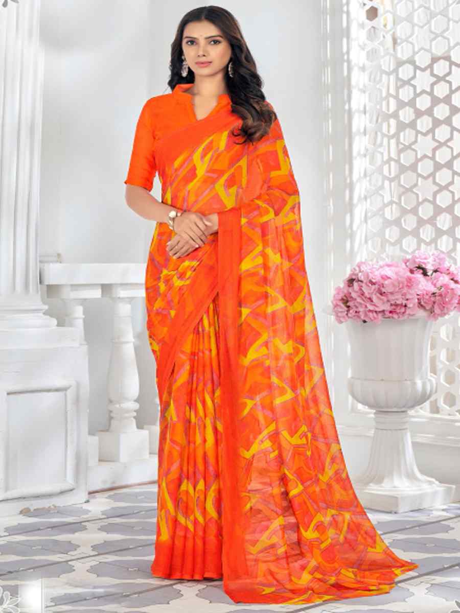 Orange Chiffon Printed Casual Festival Contemporary Saree