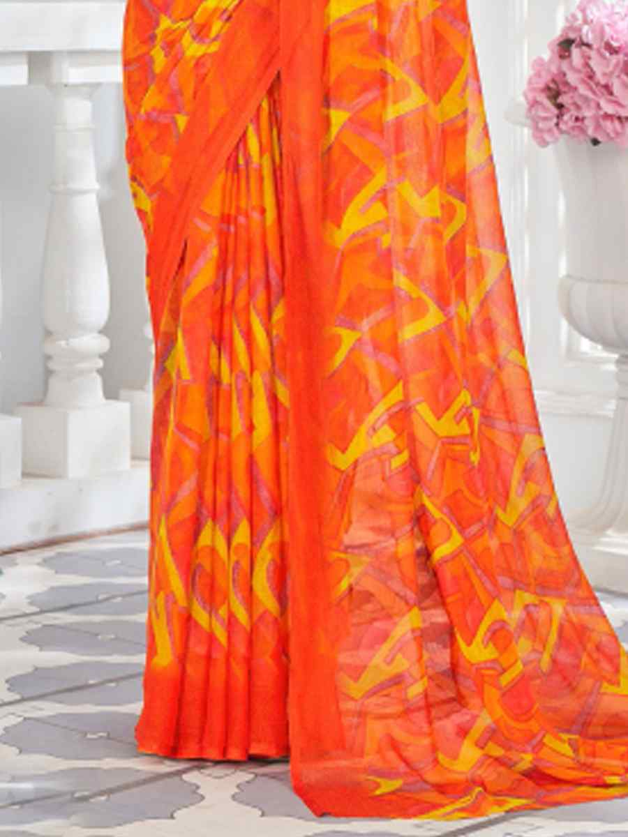 Orange Chiffon Printed Casual Festival Contemporary Saree