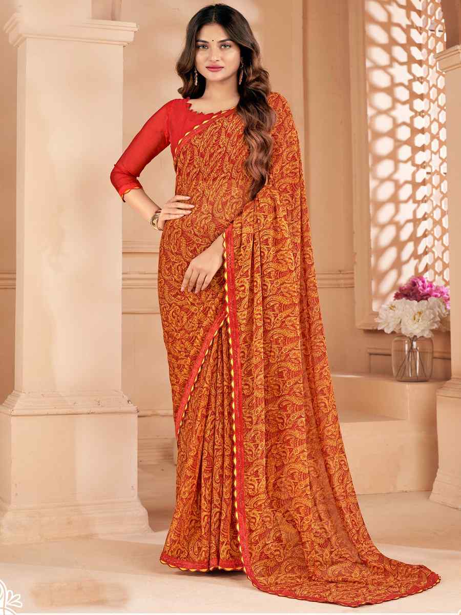 Orange Chiffon Printed Festival Casual Contemporary Saree