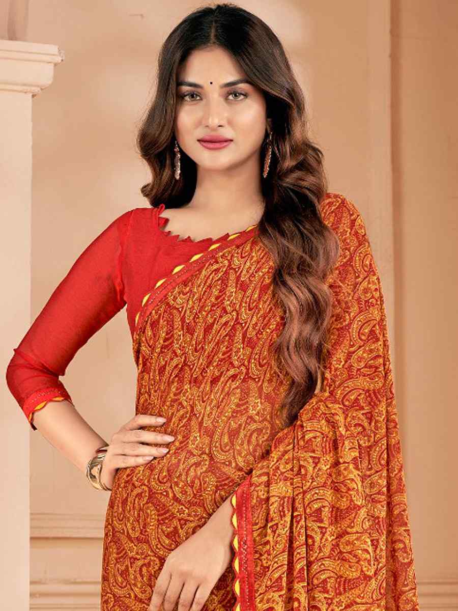 Orange Chiffon Printed Festival Casual Contemporary Saree