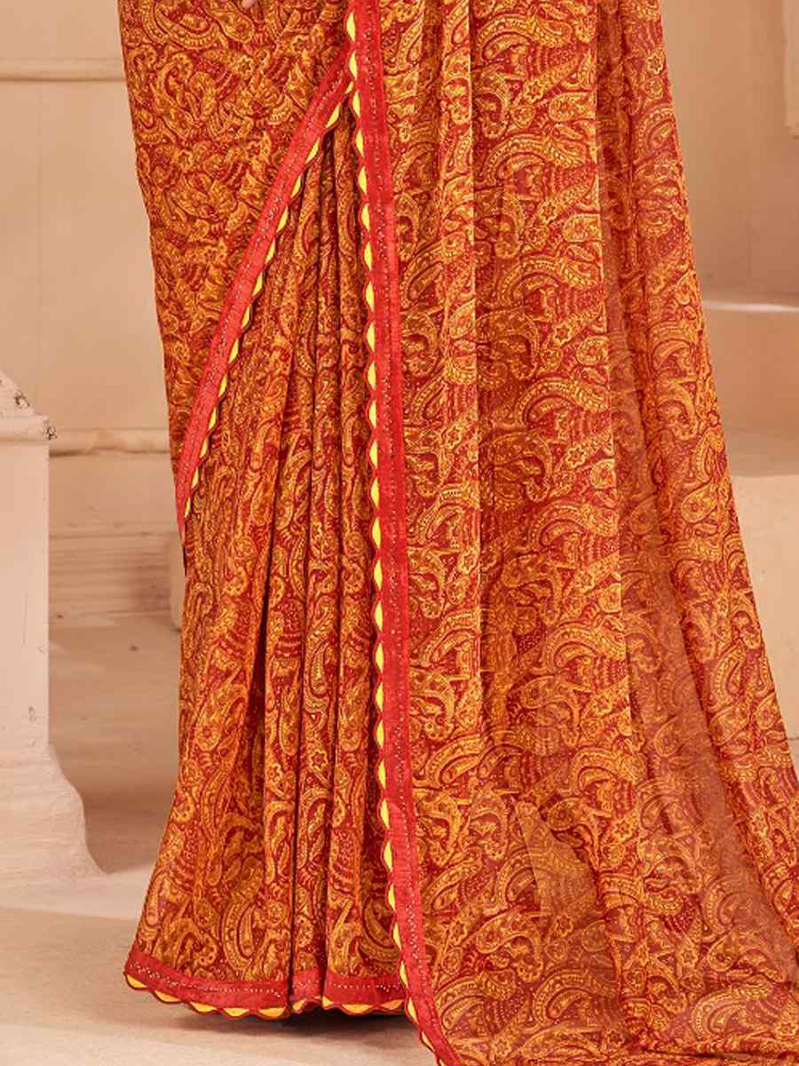 Orange Chiffon Printed Festival Casual Contemporary Saree