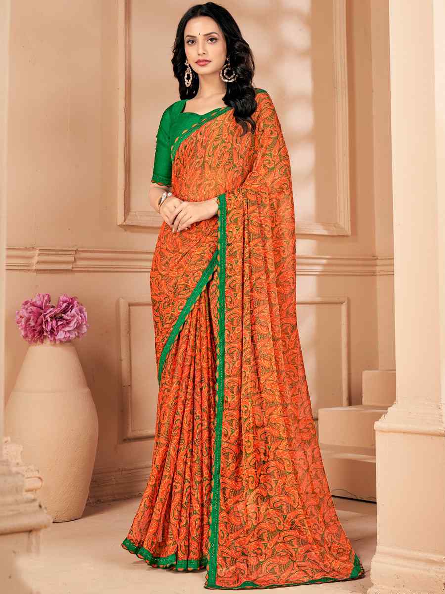 Orange Chiffon Printed Festival Casual Contemporary Saree