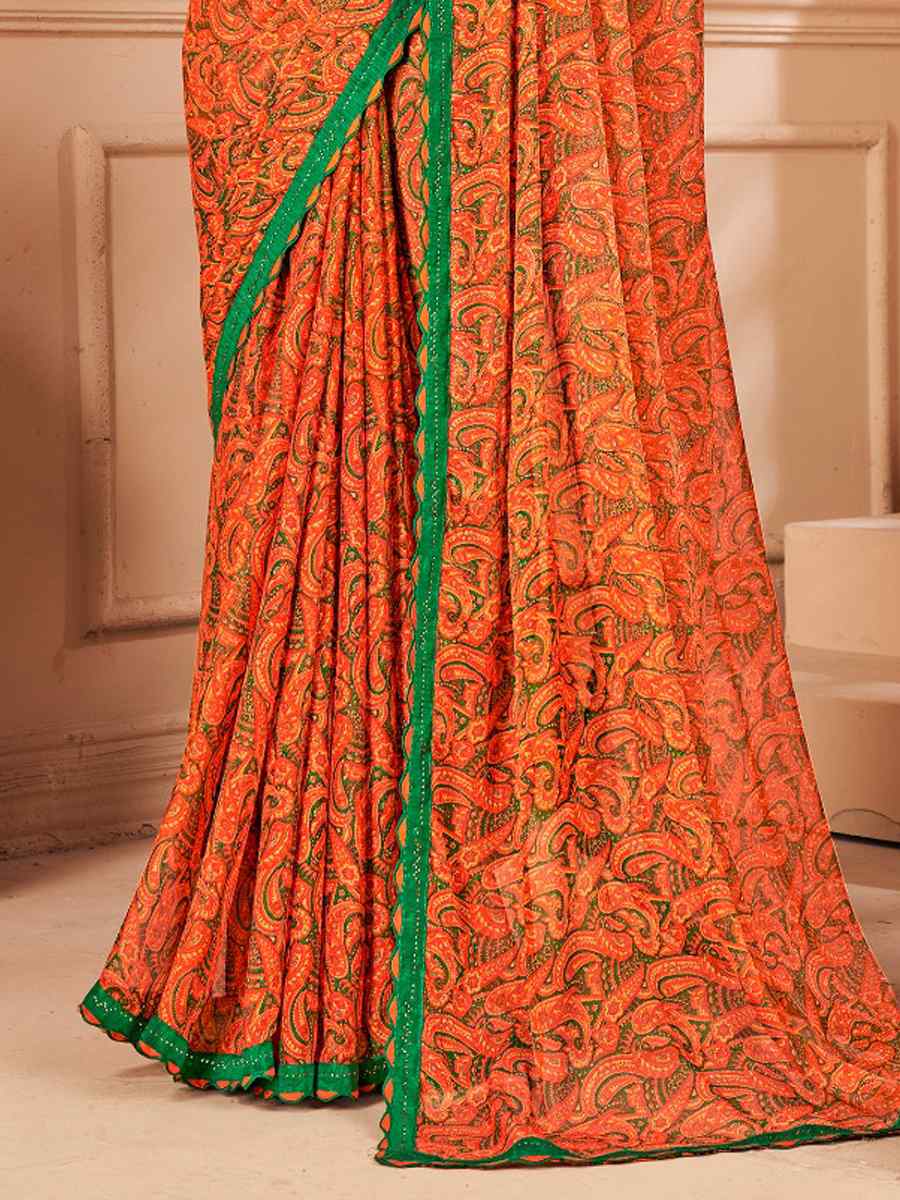 Orange Chiffon Printed Festival Casual Contemporary Saree