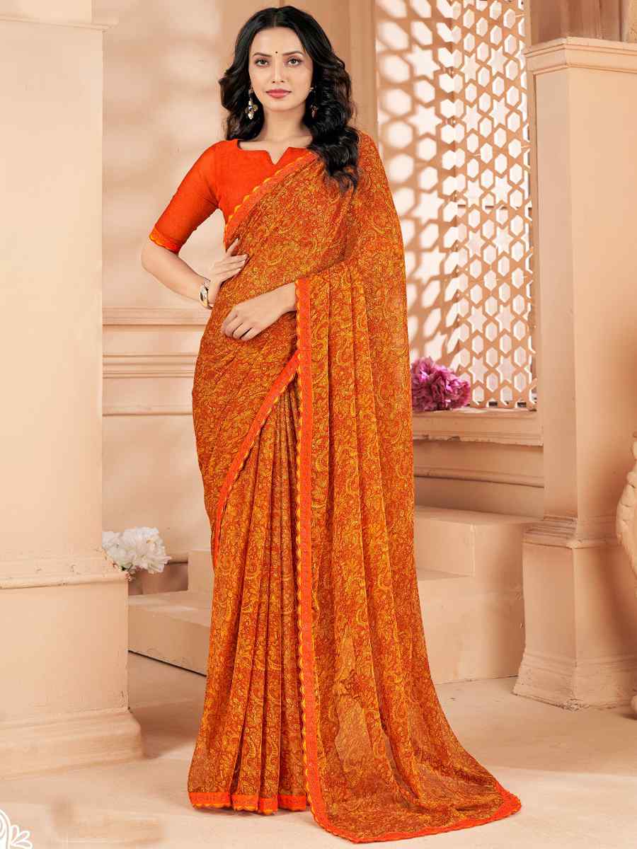 Orange Chiffon Printed Festival Casual Contemporary Saree