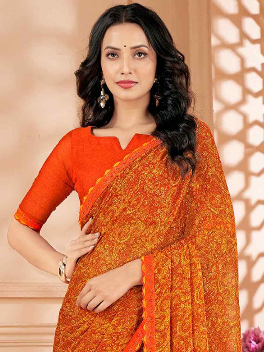 Orange Chiffon Printed Festival Casual Contemporary Saree