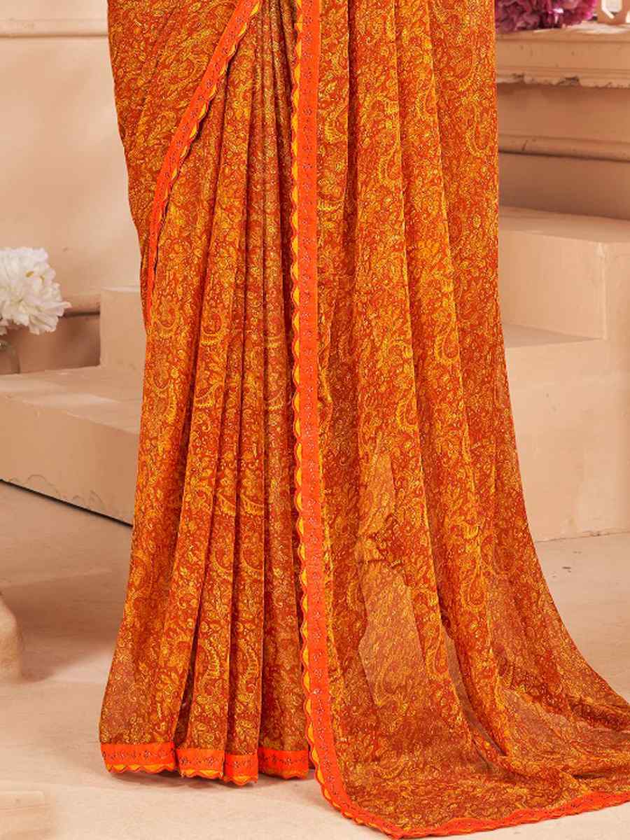 Orange Chiffon Printed Festival Casual Contemporary Saree