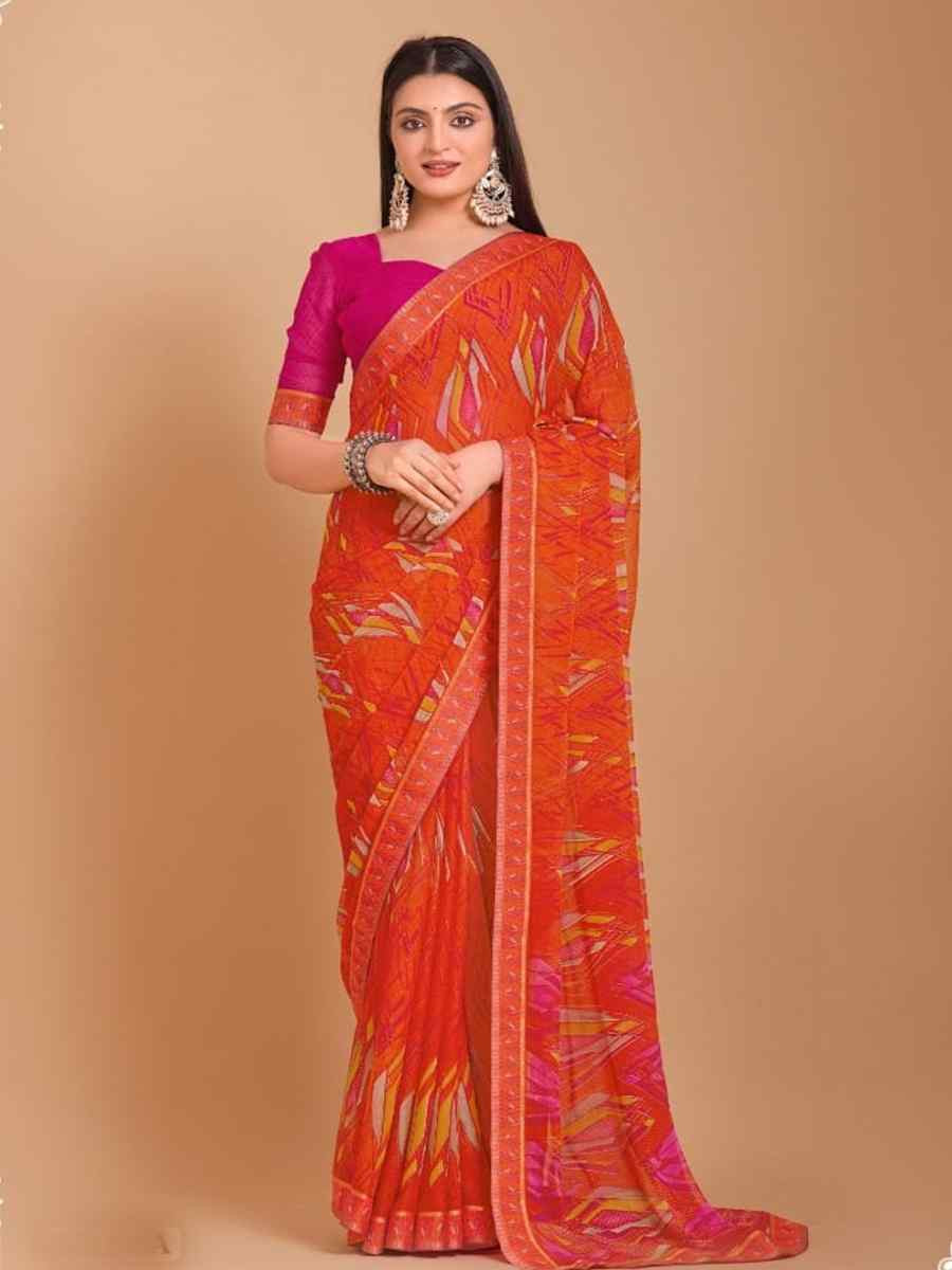 Orange Chiffon Printed Festival Casual Contemporary Saree