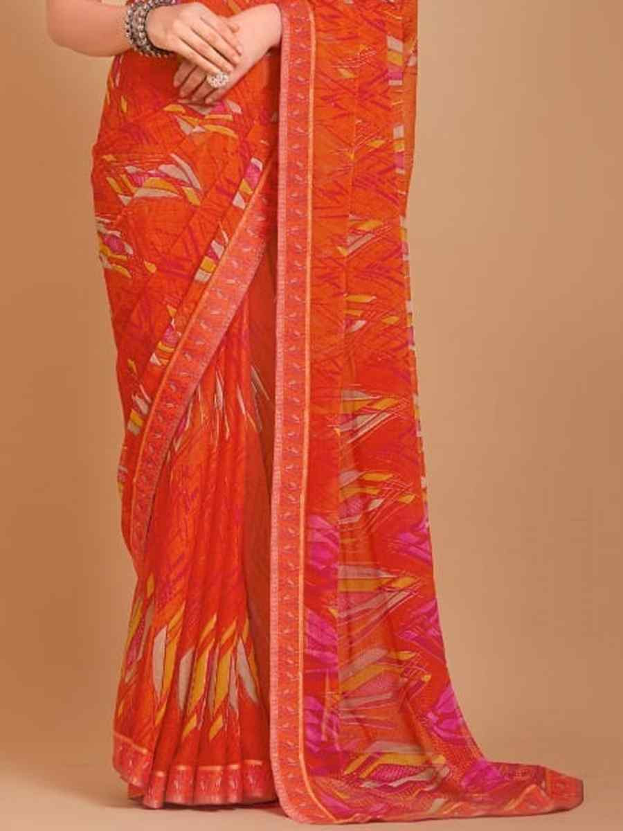 Orange Chiffon Printed Festival Casual Contemporary Saree