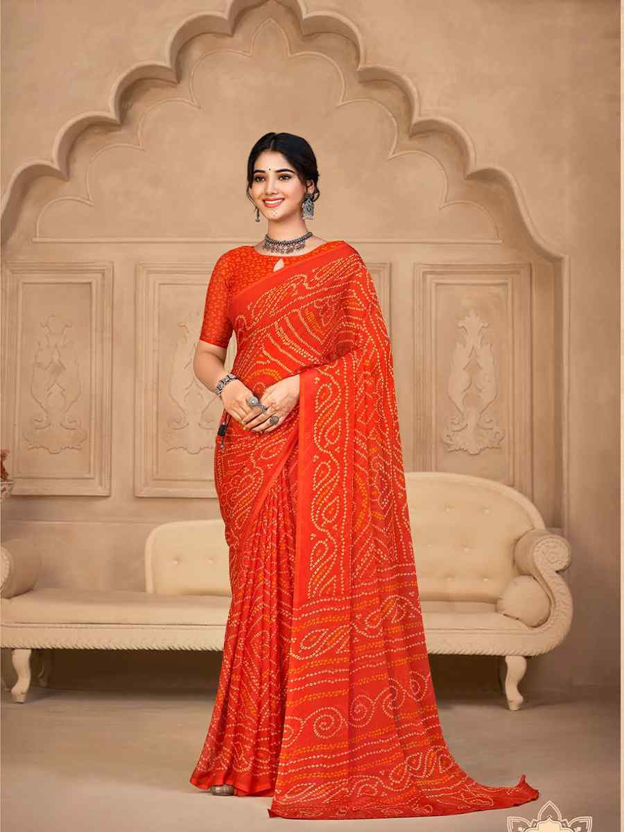 Orange Chiffon Printed Festival Casual Contemporary Saree