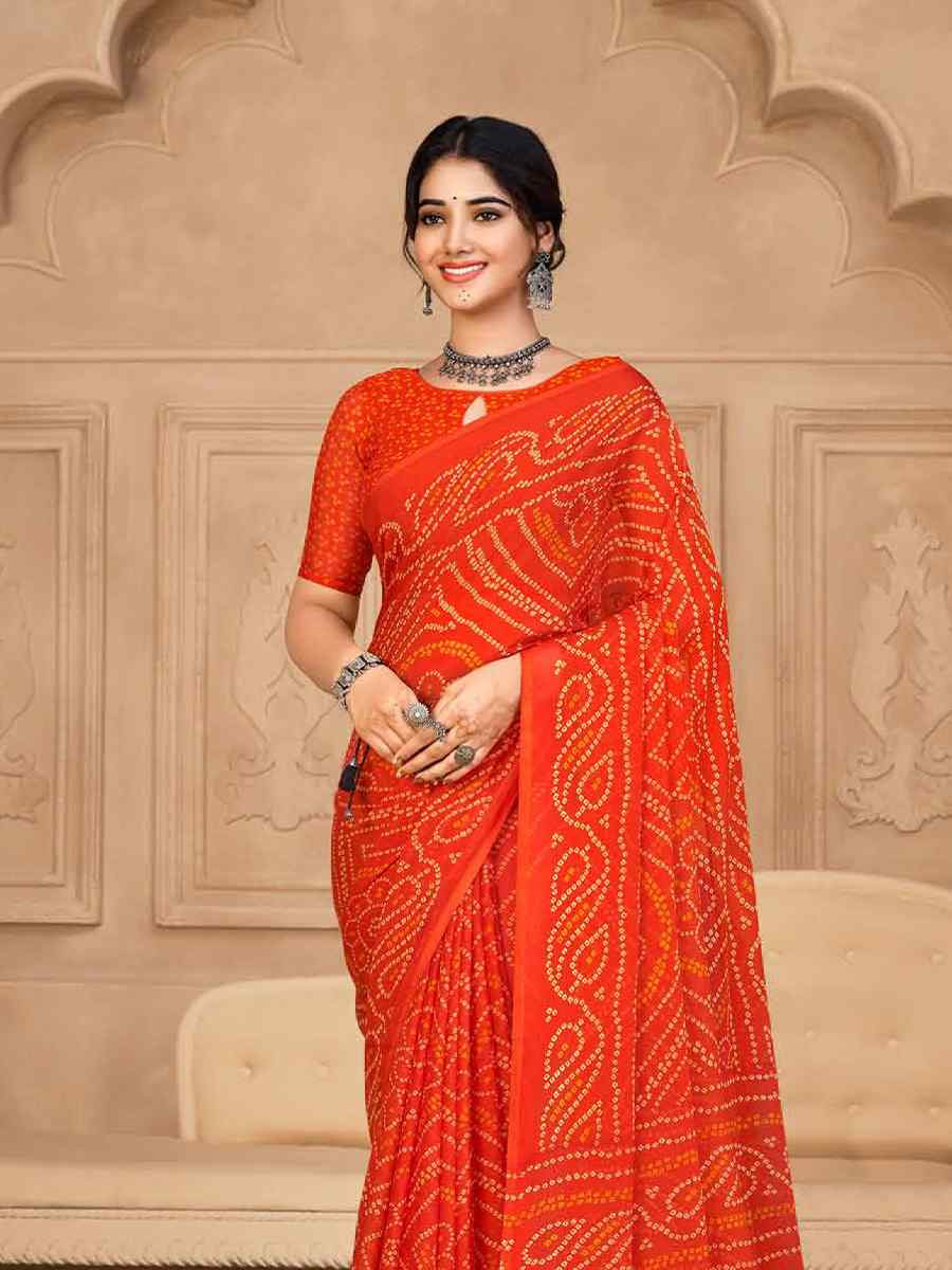 Orange Chiffon Printed Festival Casual Contemporary Saree