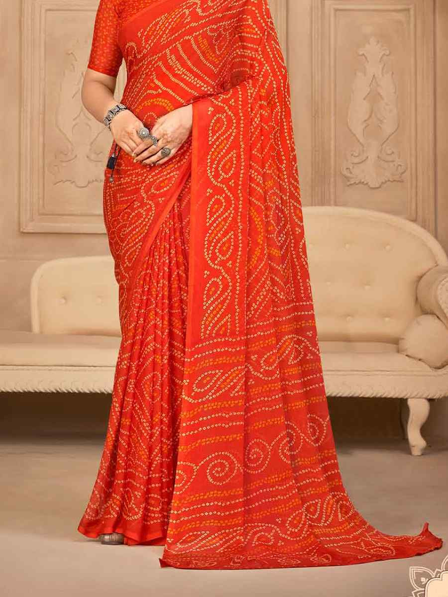 Orange Chiffon Printed Festival Casual Contemporary Saree