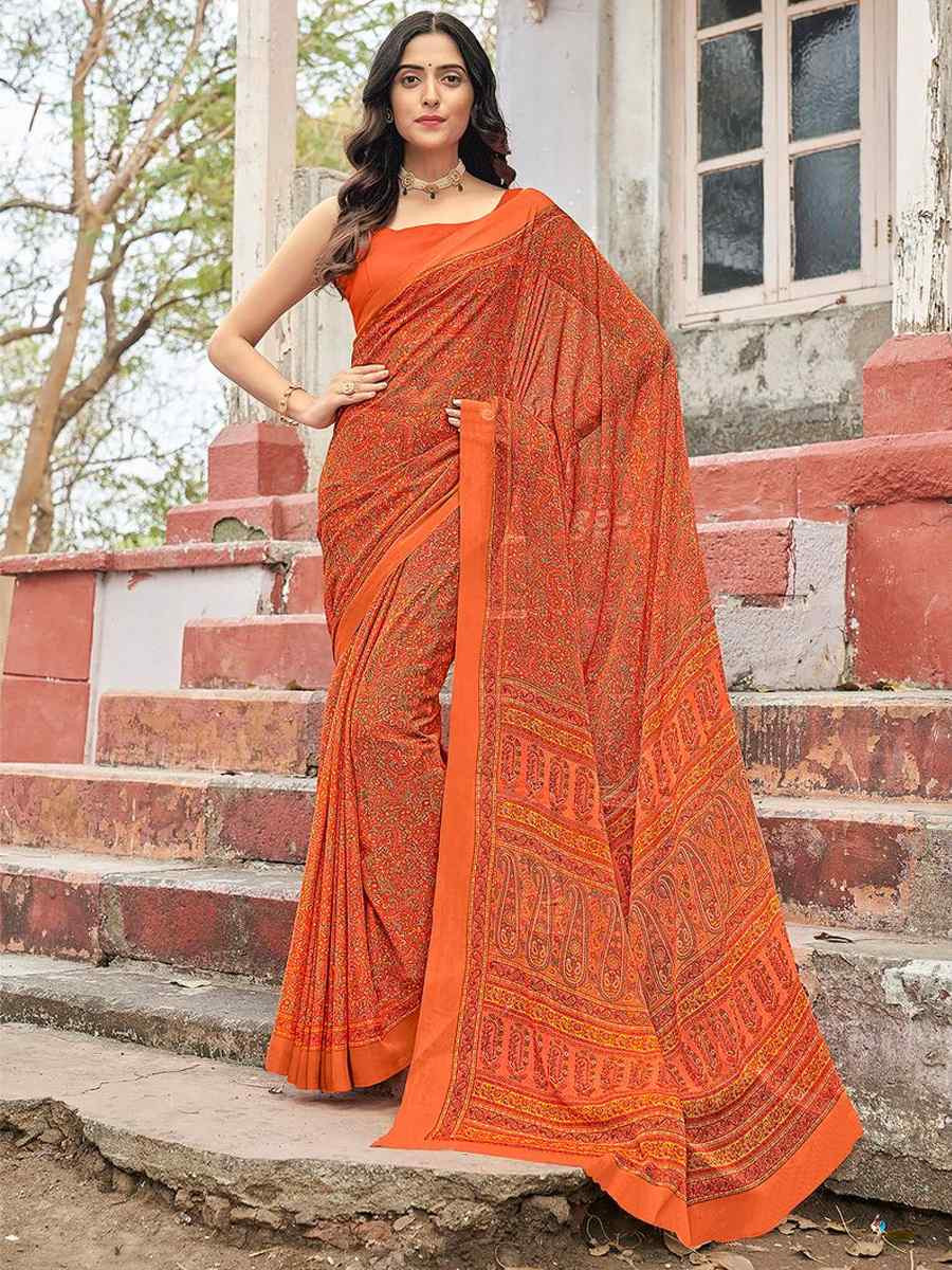 Orange Chiffon Printed Festival Party Contemporary Saree