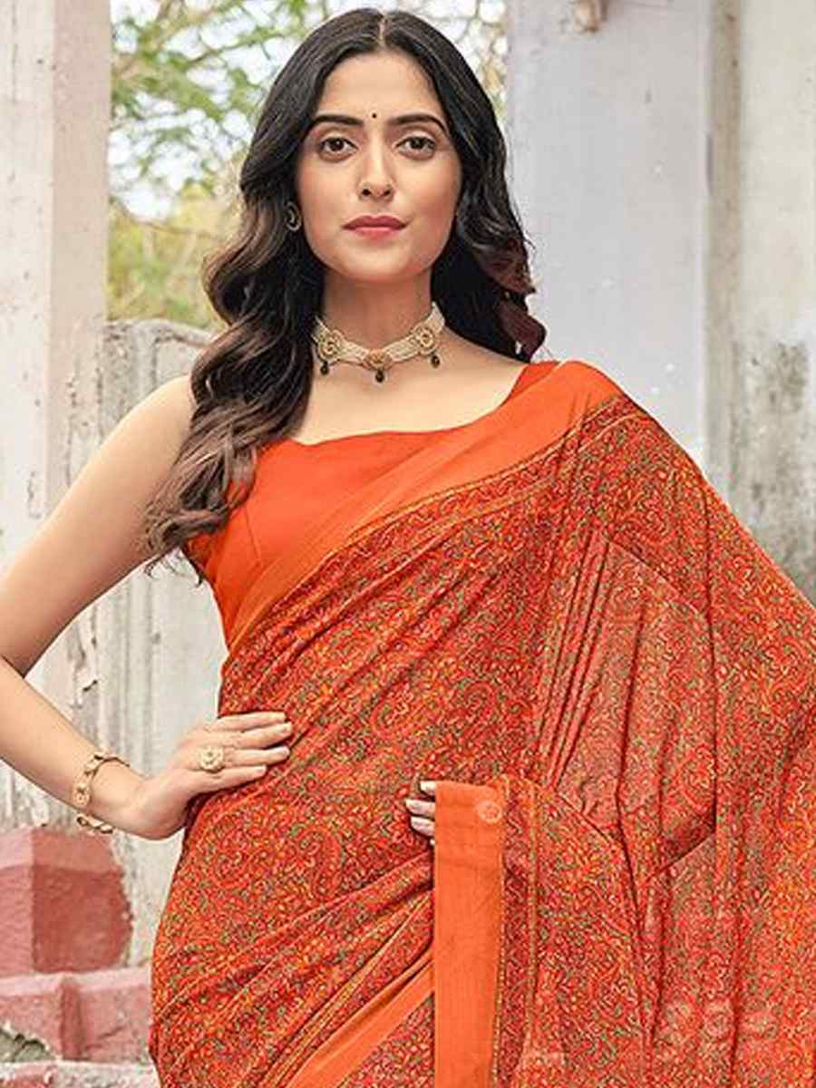 Orange Chiffon Printed Festival Party Contemporary Saree