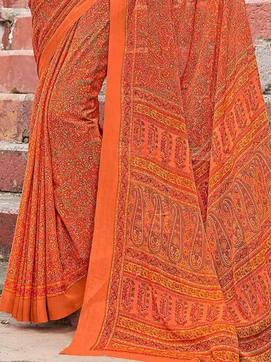 Orange Chiffon Printed Festival Party Contemporary Saree