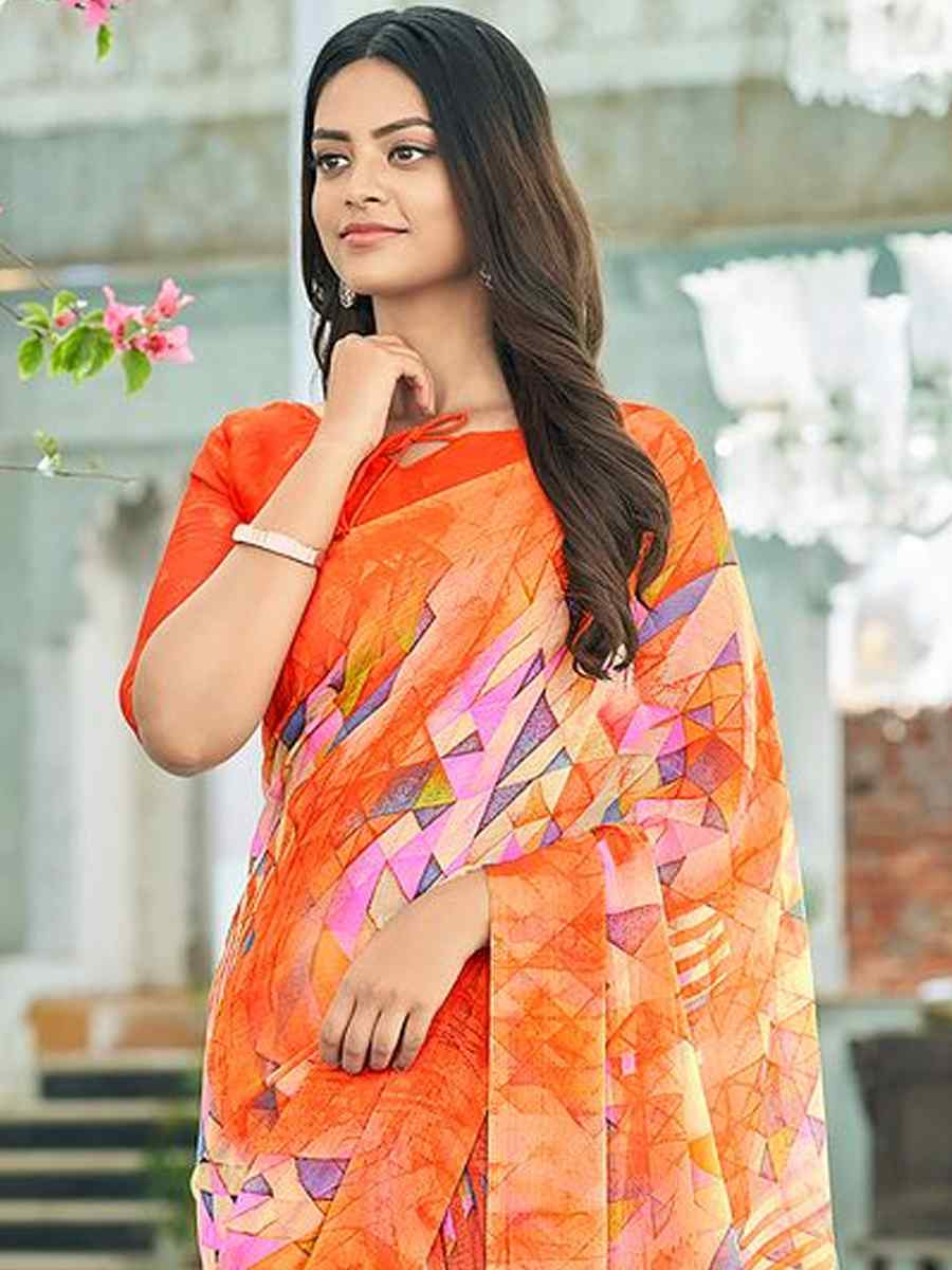 Orange Chiffon Printed Festival Party Contemporary Saree