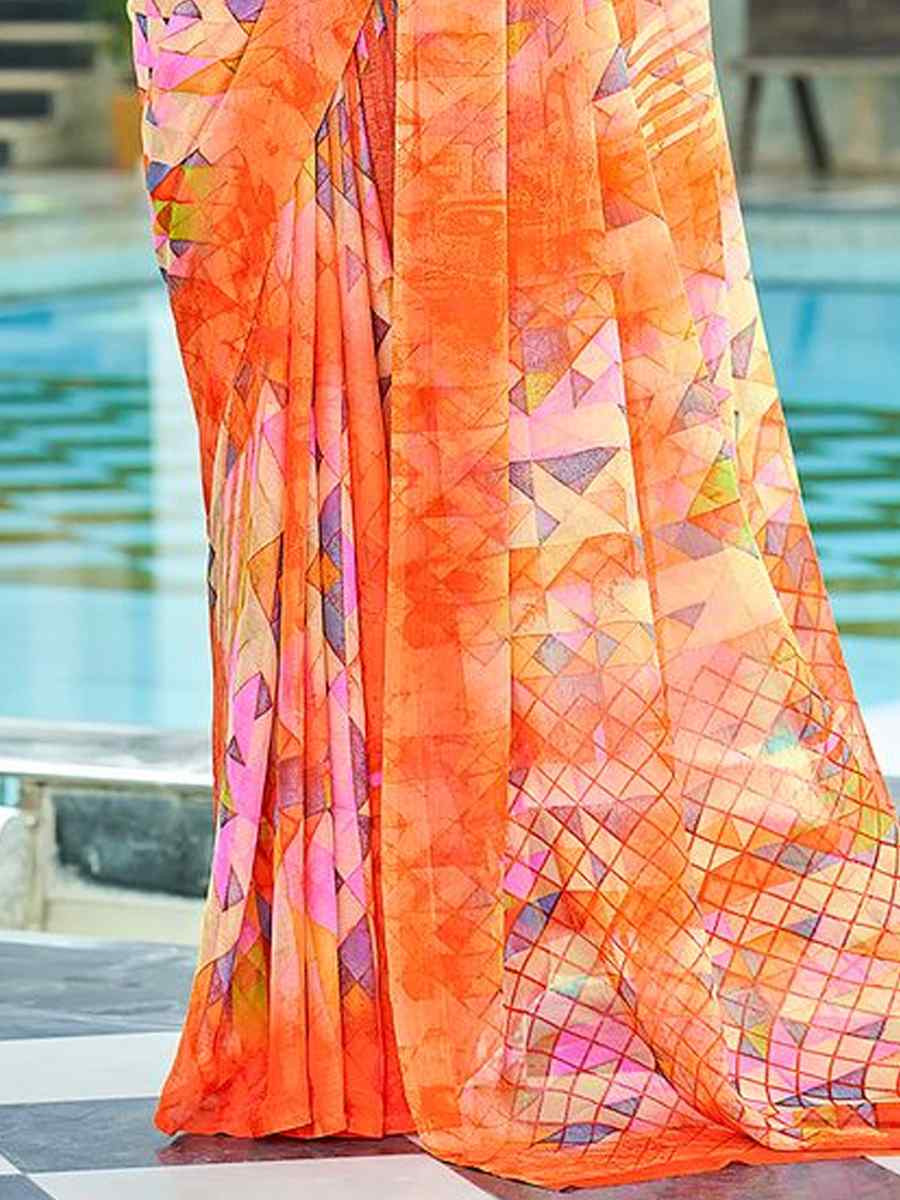 Orange Chiffon Printed Festival Party Contemporary Saree