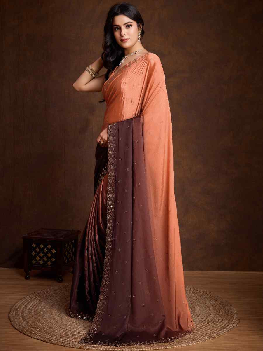 Orange Chinon Embroidered Festival Party Classic Style Saree