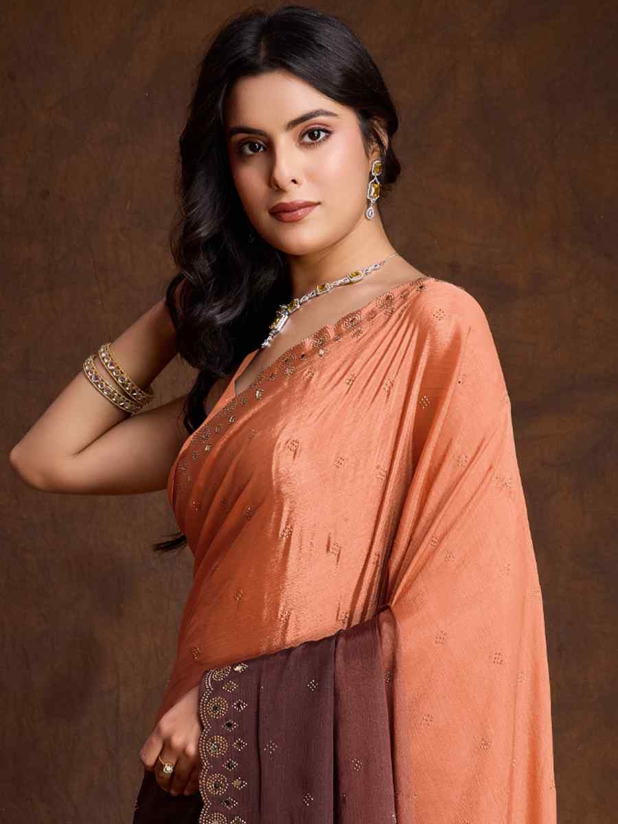 Orange Chinon Embroidered Festival Party Classic Style Saree