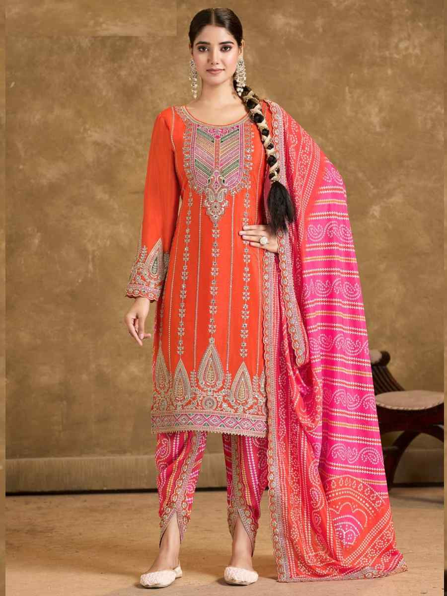 Orange Chinon Embroidered Festival Wedding Doti Pant Salwar Kameez