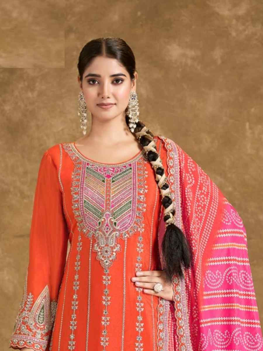 Orange Chinon Embroidered Festival Wedding Doti Pant Salwar Kameez