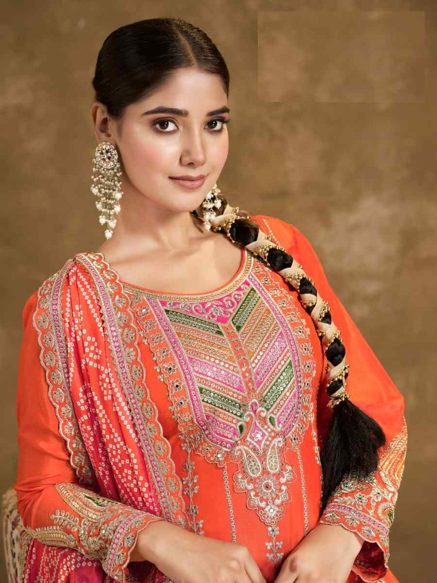 Orange Chinon Embroidered Festival Wedding Doti Pant Salwar Kameez