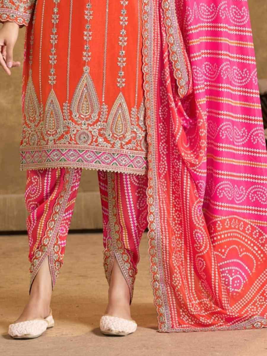 Orange Chinon Embroidered Festival Wedding Doti Pant Salwar Kameez