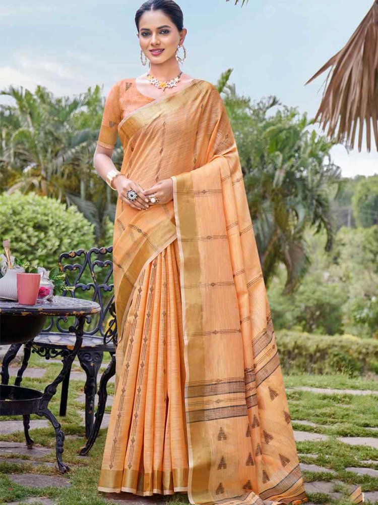 Orange Cotton Handwoven Festival Casual Classic Style Saree