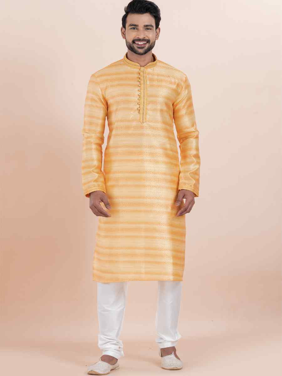 Orange Cotton Silk Jacquard Embroidered Festival Wedding Kurta Pyjama Men's Wear