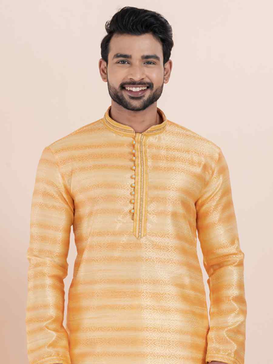 Orange Cotton Silk Jacquard Embroidered Festival Wedding Kurta Pyjama Men's Wear