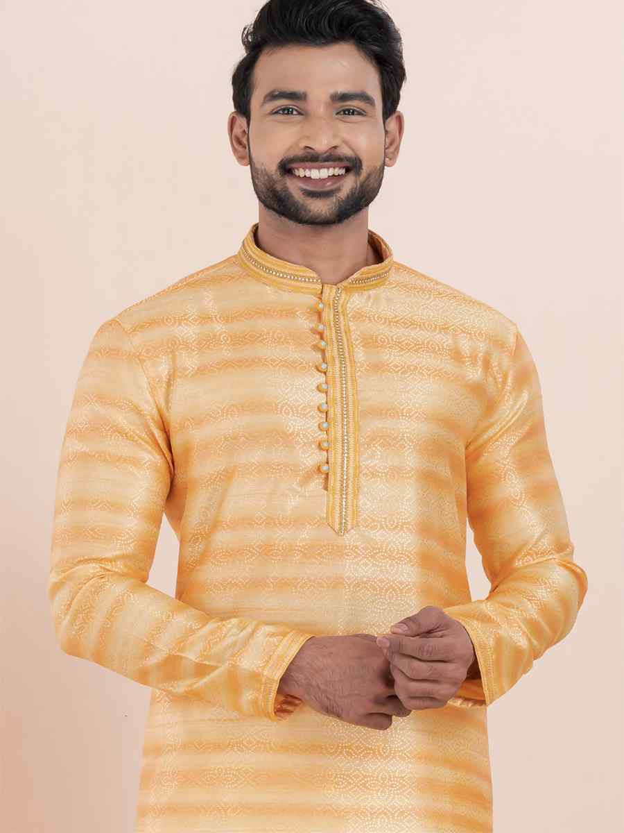 Orange Cotton Silk Jacquard Embroidered Festival Wedding Kurta Pyjama Men's Wear