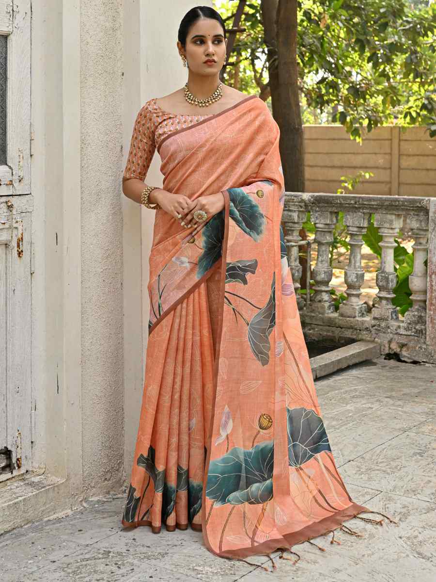 Orange Cotton Silk Printed Festival Casual Contemporary Saree