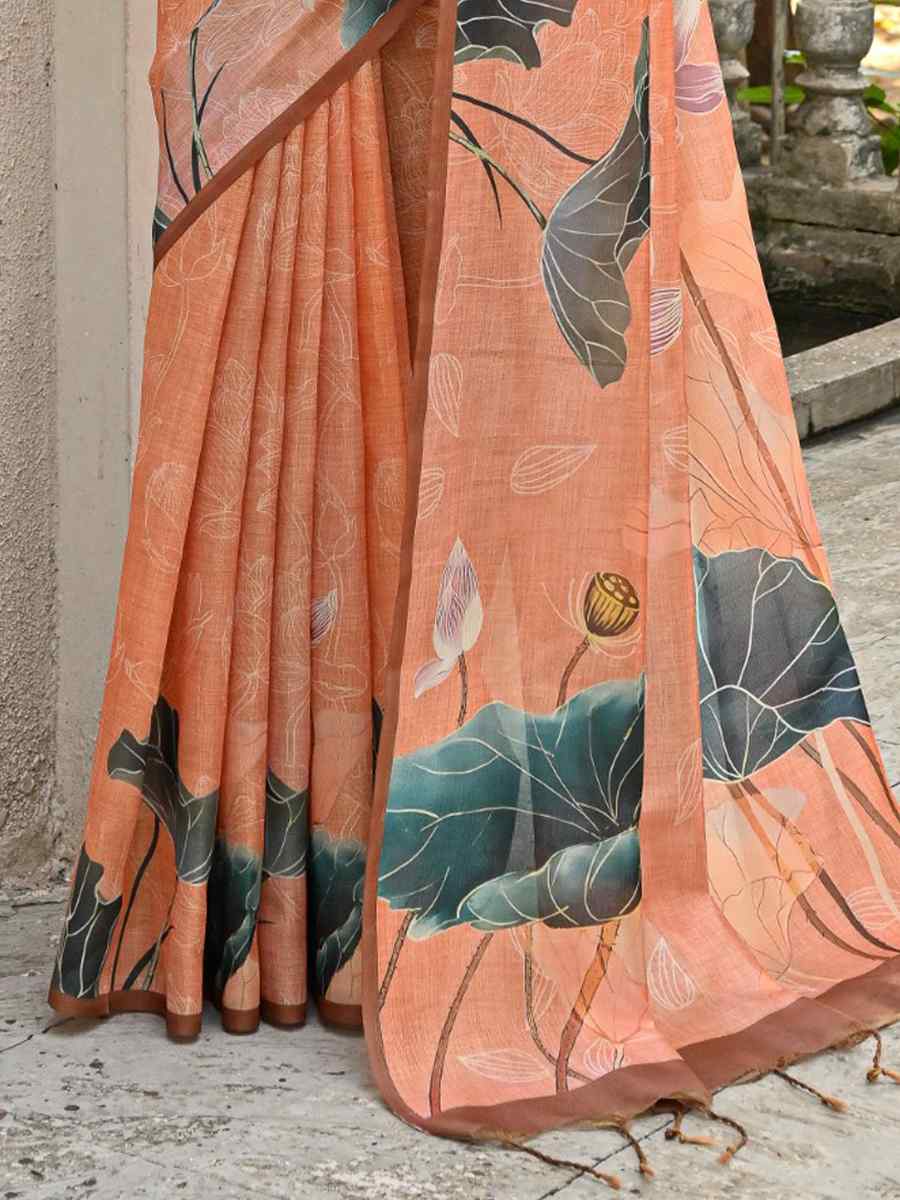 Orange Cotton Silk Printed Festival Casual Contemporary Saree