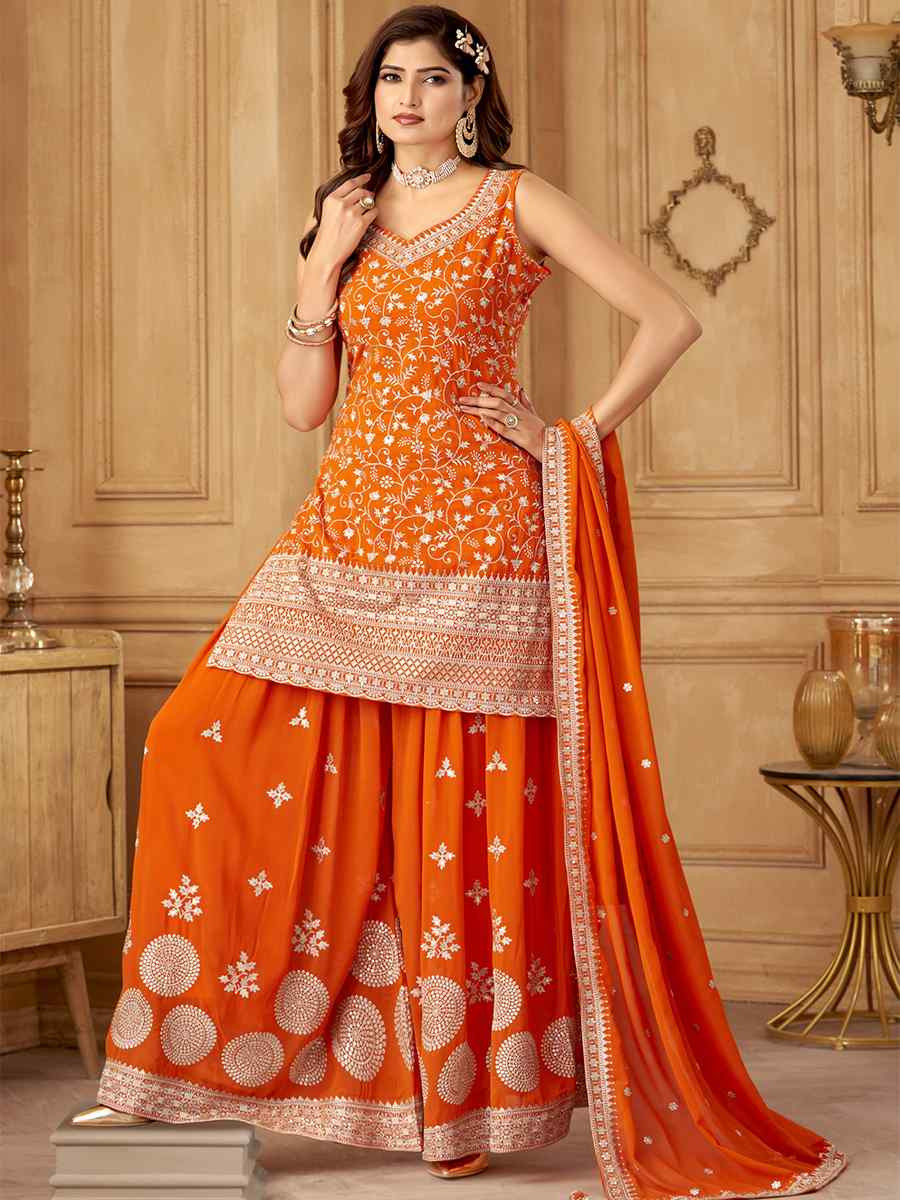 Orange Georgette Embroidered Festival Casual Ready Palazzo Pant Salwar Kameez